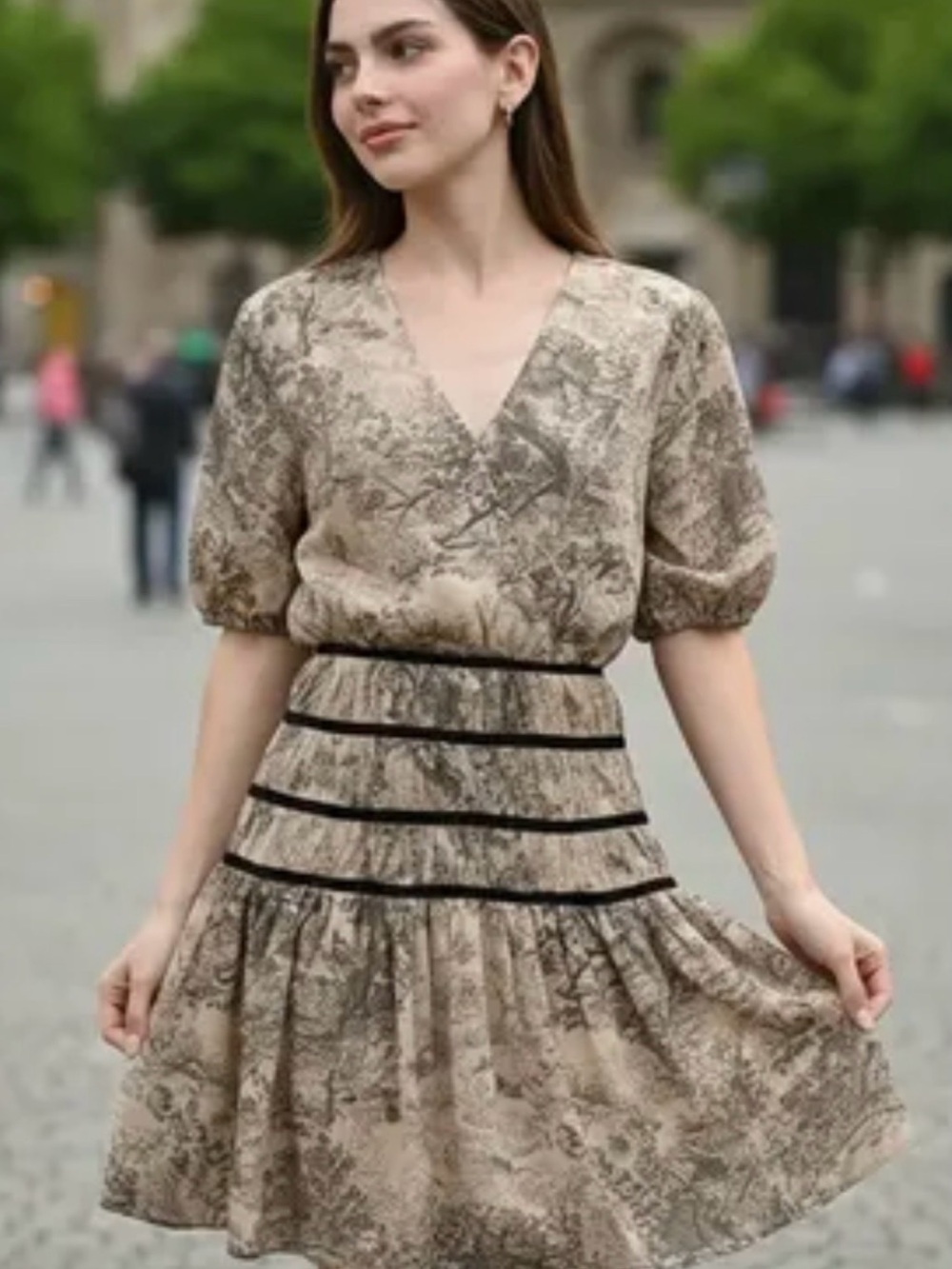 entro Beige Floral V-Neck Tiered Dress with Black Trim